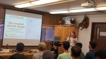 Prof. Christina Harvey presenting on Bio-inspired aircraft design at the UC Davis California Raptor Center
